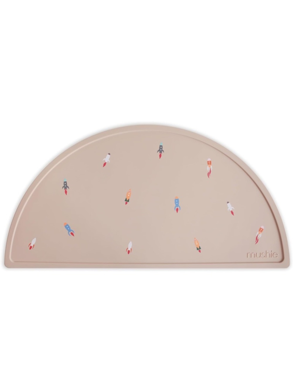 Mushie Silicone Half-Moon Placemat in Blush with Rocket Print